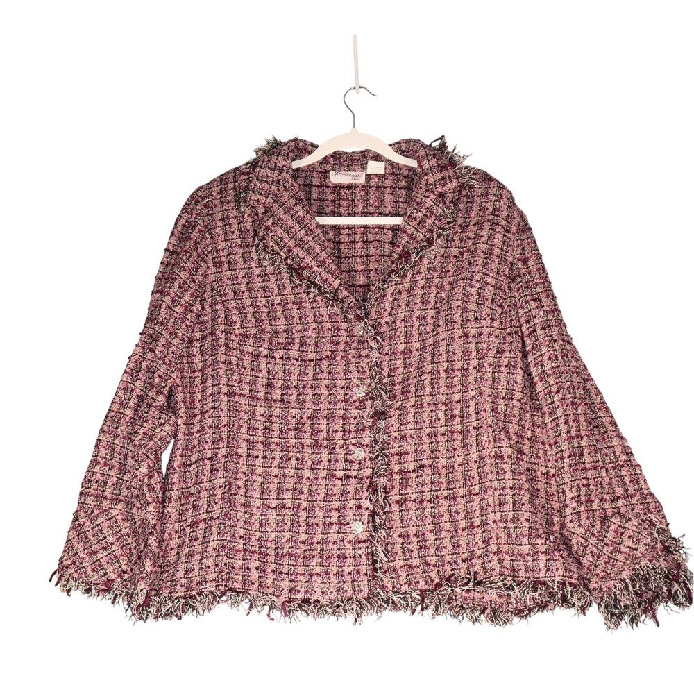 Joanna Plus Blazer Jacket Womens 1X Pink Tweed Fringe Rhinestone Buttons Short - Picture 2 of 12